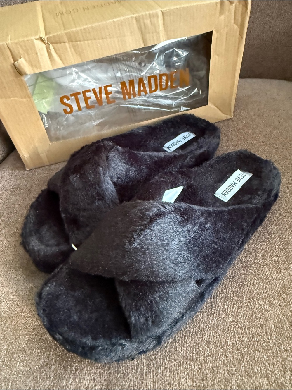 Steve Madden Black Plush Cross-Strap Slide Sandals